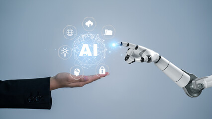 AI, Hands of robot and human touching on big data network connection.3D rendering artificial intelligence AI research of robot and cyborg development for future of people living.