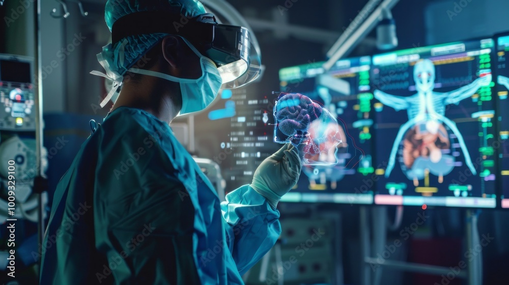 Poster a doctor is looking at a computer screen with a 3d image of a heart