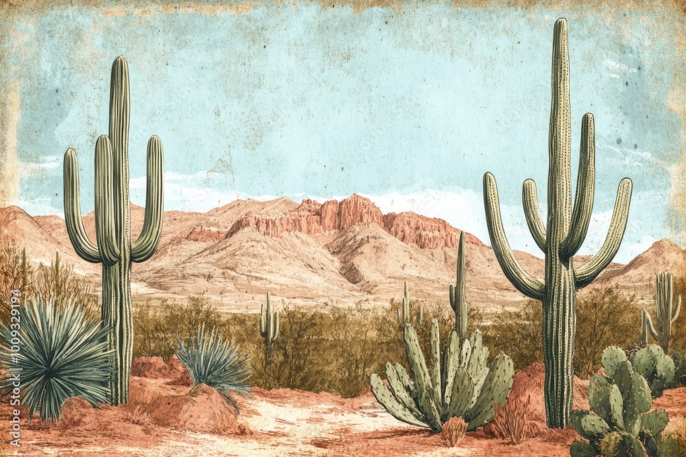 Aufkleber a serene desert scene featuring various types of cacti, suitable for use in travel or nature-themed 