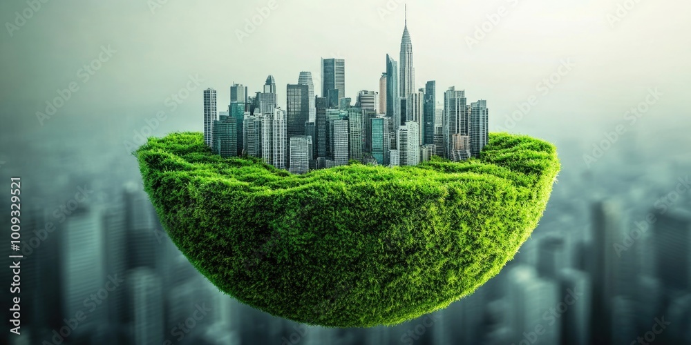 Poster aerial view of a cityscape floating on a patch of green grass, with blue sky and clouds in the backg