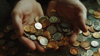 A person grasping a pile of coins, possibly saving or counting them
