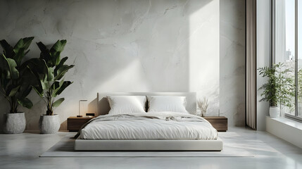 Modern Minimalist Bedroom Interior Design with White Bed and Plants - 3D Illustration