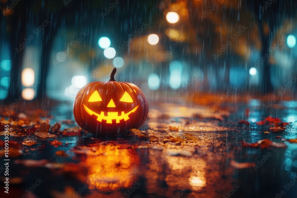 Wall mural A lit pumpkin sits alone on a wet street, perfect for use as a Halloween decoration or autumn-themed image