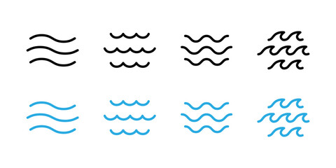 Wave icon set. Water surface vector illustration. Sea waves curve symbol. River flow sign. Lake sign. Abstract tide pictogram. Flux water concept. Ocean beach minimalistic icon. Fluid water logo.