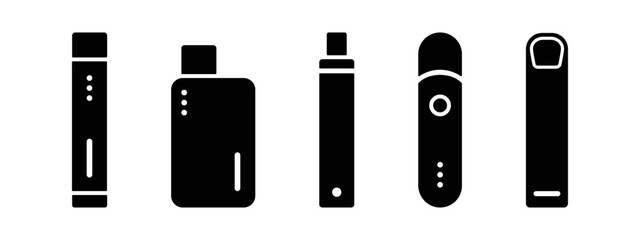 Electronic cigarette icon set in black glyph style. Vape device collection vector illustration. Smoking pod system symbol. Vaporizer silhouette. Alternative smoking sign. Electric cigarette pictogram.
