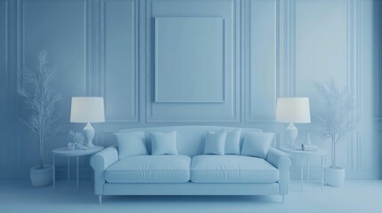 Fototapeta premium Minimalist living room interior with a sofa, two lamps, and two side tables with plants in a light blue color scheme.