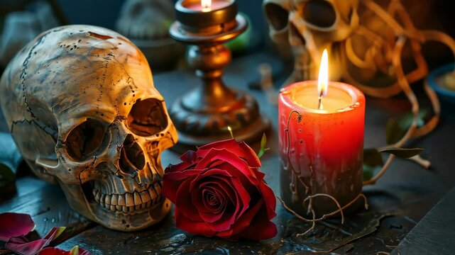 A human skull sits beside a red rose and a lit candle, with a second candle burning in the background