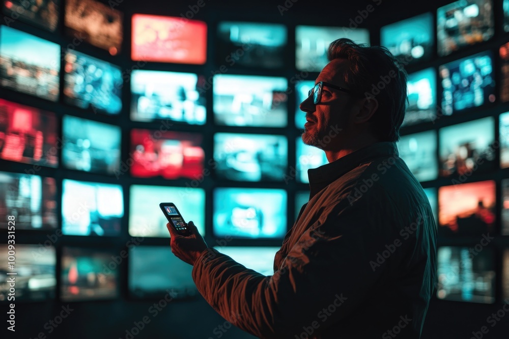 Poster a person standing in front of a large wall of television screens, ideal for technology or media-rela