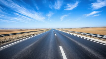 Naklejka premium A stunning POV image from a car driving on an empty highway during a sunny day. Ideal for themes of journey, open road, or serene driving experiences.