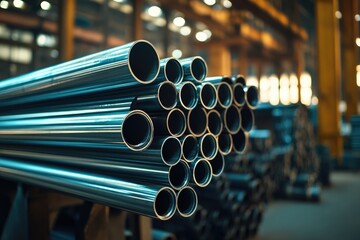 A storage area filled with metal pipes