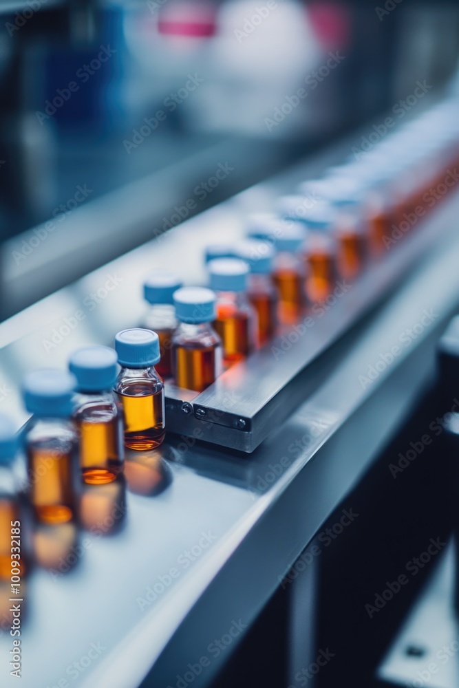 Poster conveyor belt carrying bottles of various liquids in a factory setting