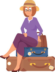 Woman sit on baggage. Person waiting departure in airport