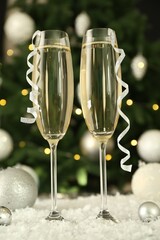 Sparkling wine in glasses, baubles and artificial snow on blurred background