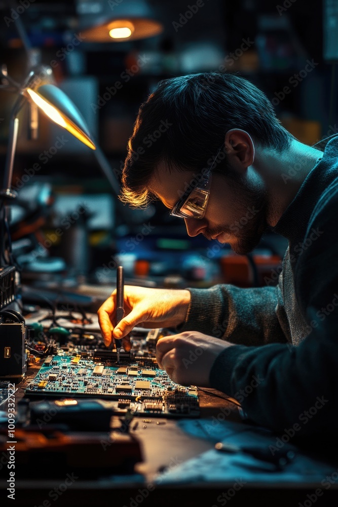 Aufkleber A person working on a circuit board in a poorly lit environment, ideal for use as a background image or illustration