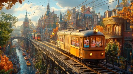 Obraz premium A whimsical train traveling through a vibrant city, with muted colors creating a nostalgic atmosphere, showcasing characters waving from the windows 