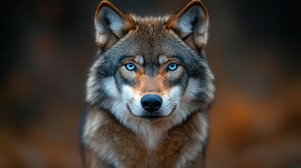 Obraz premium striking portrait of a brown and grey wolf with piercing blue eyes capturing the wild spirit and beauty of this majestic creature in a natural setting