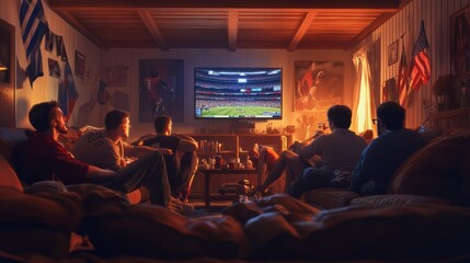 Obraz premium Group of friends watching sports on tv in a cozy living room with flags.