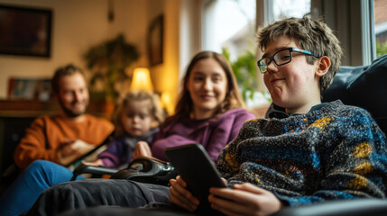Fototapeta premium Children enjoying quality time in a cozy living room while using a tablet on a relaxed afternoon