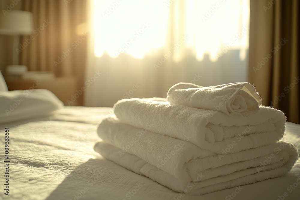 Poster a pile of neatly folded towels sitting on the edge of a bed, ready for use