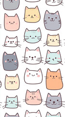 A pattern with cute cartoon cats in pastel colors, creating an endless wall full of cat faces. The background is white, the design has no shadows or textures.