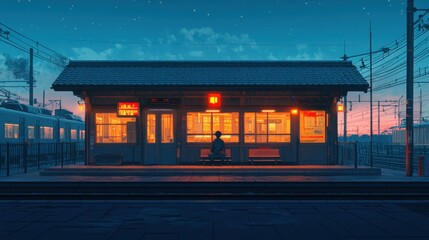 Fototapeta premium A wide view of an empty train station at twilight, featuring softly glowing lights and a cartoon figure sitting alone on a bench, evoking feelings of solitude 