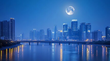 A full moon hangs over a cityscape at night, its light reflecting in the water.