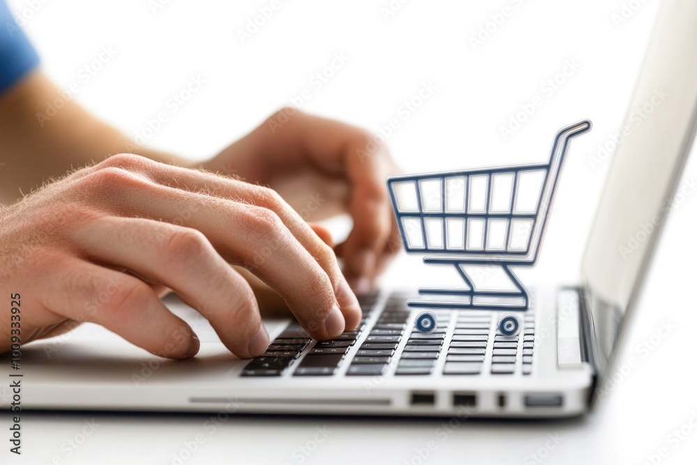 Poster a person working on their laptop with a shopping cart icon on the keyboard, suitable for e-commerce 