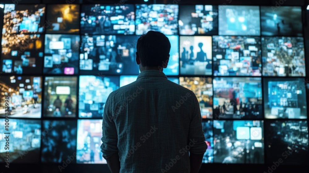 Poster a person standing in front of multiple television screens, possibly in a control room or broadcastin