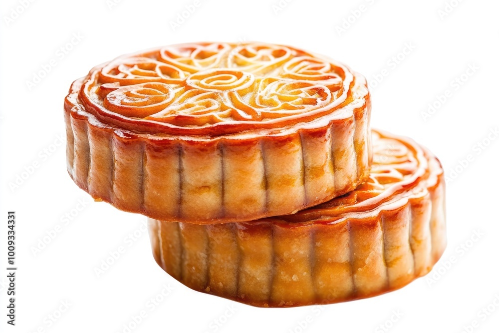 Poster Close-up shot of three traditional Chinese mooncakes on a white surface