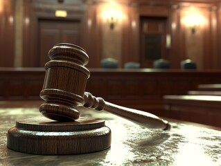 Gavel on table in a courtroom setting.