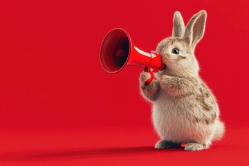 A small rabbit holds a red megaphone in its mouth, making a loud announcement