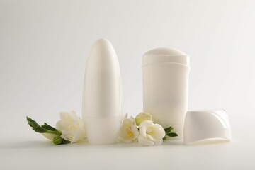Different deodorants and beautiful eustoma flowers on white background