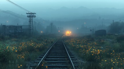 Fototapeta premium A character enjoying a quiet moment by the train tracks at twilight, framed by muted wildflowers and softly glowing lights, capturing tranquility 