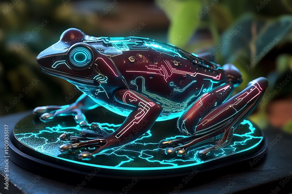Poster a futuristic biomechanical frog in a glowing forest, with neon-colored circuitry running through its