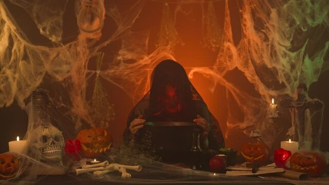 A witch in black clothing is cooking in a cauldron in a scary kitchen with pumpkins and a human skull and bones.