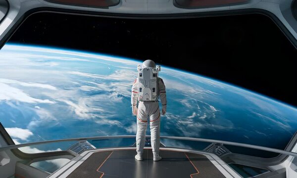 An astronaut stands in a futuristic spacecraft  gazing out a large window at a detailed Earth.