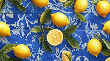 Lemons on ornate blue Portugal tiles. Flat lay composition for design and print. Mediterranean cuisine and fresh produce concept. Design for kitchen decor, poster, banner.
