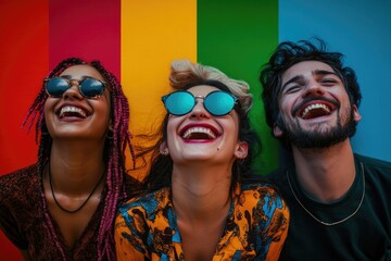 Group portrait of three individuals with sunglasses, casual outfit and relaxed expressions
