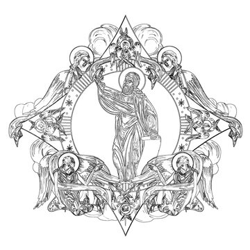 recommend clip art: Isaiah prophet. Religious dome with apostles and angels in sky. Coloring page in Byzantine style