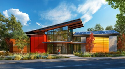 Fototapeta premium Modern passive solar architecture with flat design, front perspective, showcasing energy efficiency in vibrant complementary colors.