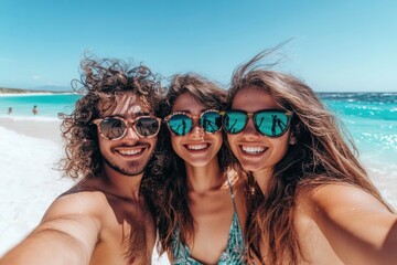 Three friends capturing memories on a sunny beach day