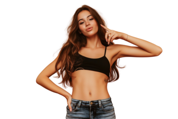 Portrait of confident attractive teen girl woman in cropped top with pierced belly, pointing her fingers, Die cut transparent PNG
