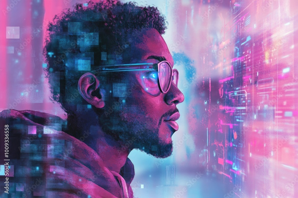 Poster a person wearing glasses looks at a computer screen with a focused expression