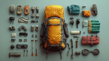 outdoor adventure gear knolling flat lay arrangement