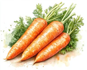 Fresh carrots with green tops, white background.