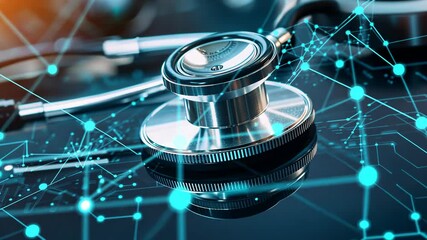 A stethoscope lies on a surface with a blue digital network pattern - Powered by Adobe