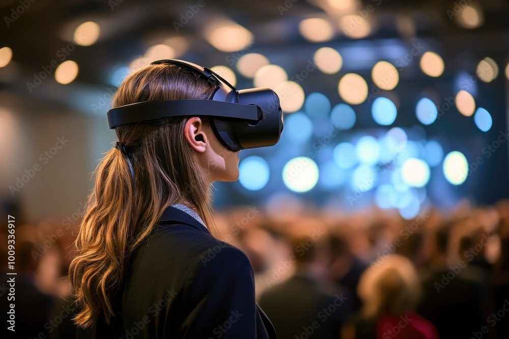 Aufkleber a person in a virtual reality headset standing in front of an audience, with a futuristic and high-t
