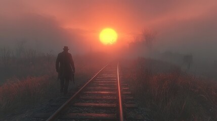 A character walking along the train tracks at sunset, with the soft glow of the setting sun casting muted colors across the scene, creating a tranquil atmosphere 