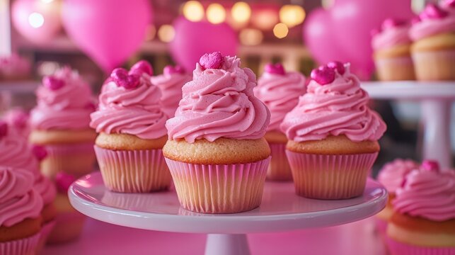 Delicious cupcakes with pink frosting and decorative sprinkles are displayed on a bright table, creating a festive atmosphere, Ideal for blogs, dessert menus, or birthday party invitations,