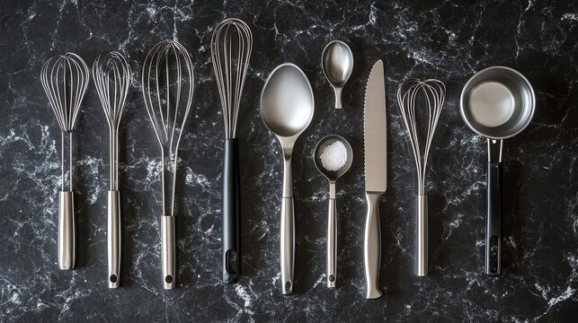 A collection of kitchen utensils arranged on a marble countertop for cooking and baking.